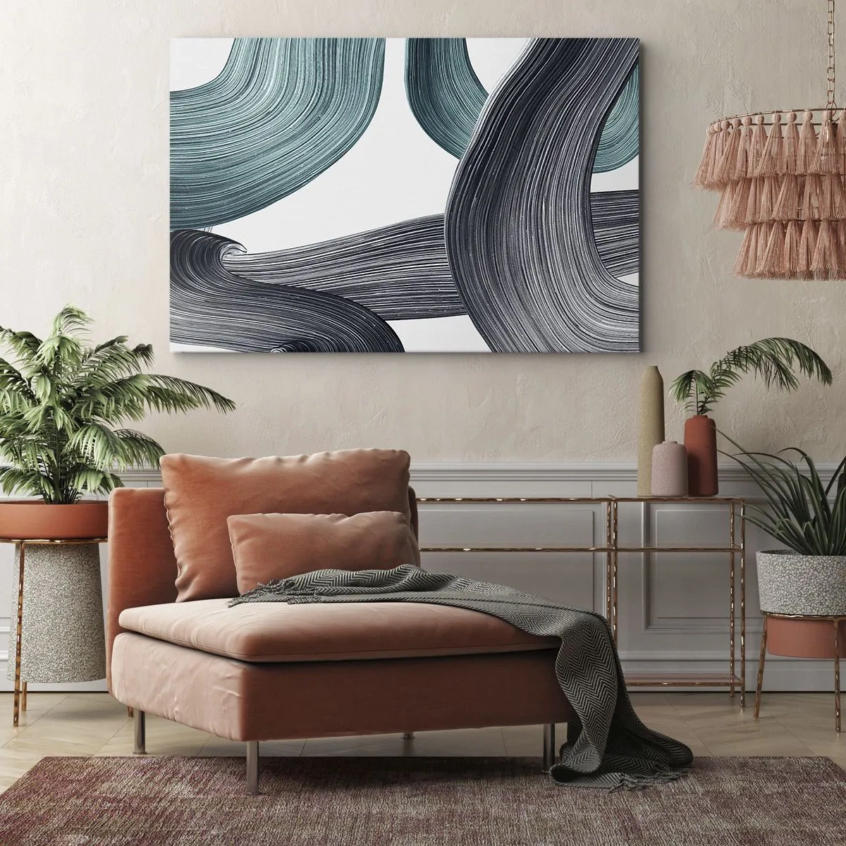 Bild auf Leinwand - Leinwandbild - Fließende abstrakte Linien in Grün- und Grautönen - 70x50cm - Smaragdgrüne und schwarze Pfade - Moderne Wanddekoration für Wohnzimmer und Schlafzimmer ARTTOR