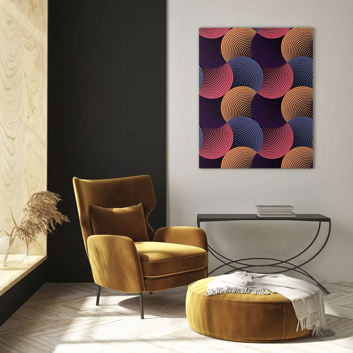 Glasbild - Bild auf glas - Geometrische Kreise in Rosa-, Lila- und Goldtönen - 80x120cm - Im kreisenden Rhythmus - Moderne Wanddekoration für Wohnzimmer und Schlafzimmer ARTTOR