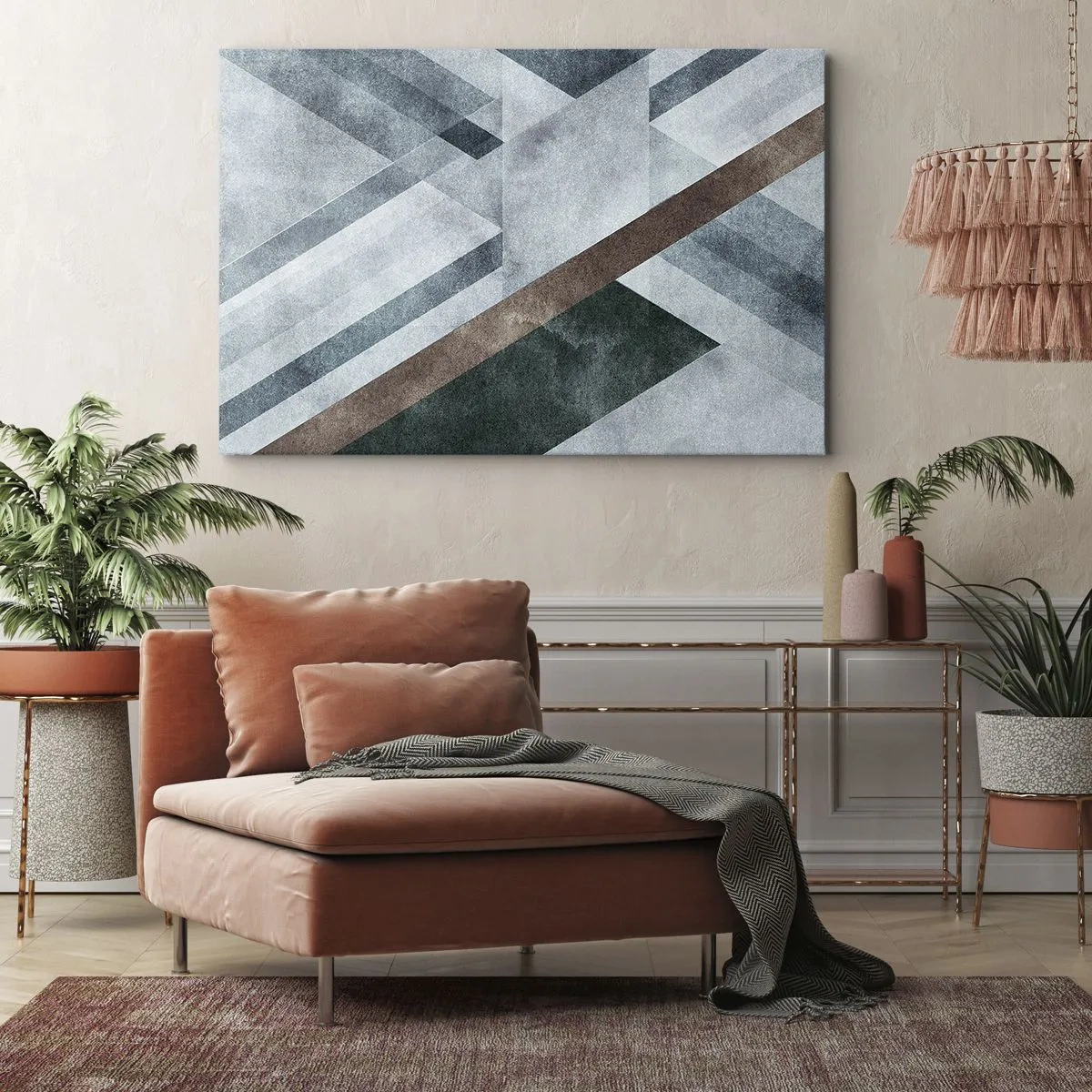 Bild auf Leinwand - Leinwandbild - Geometrische Formen in kühlen Blau- und Brauntönen - 70x50cm - Anspruchsvolle Eleganz der Geometrie - Moderne Wanddekoration für Wohnzimmer und Schlafzimmer ARTTOR