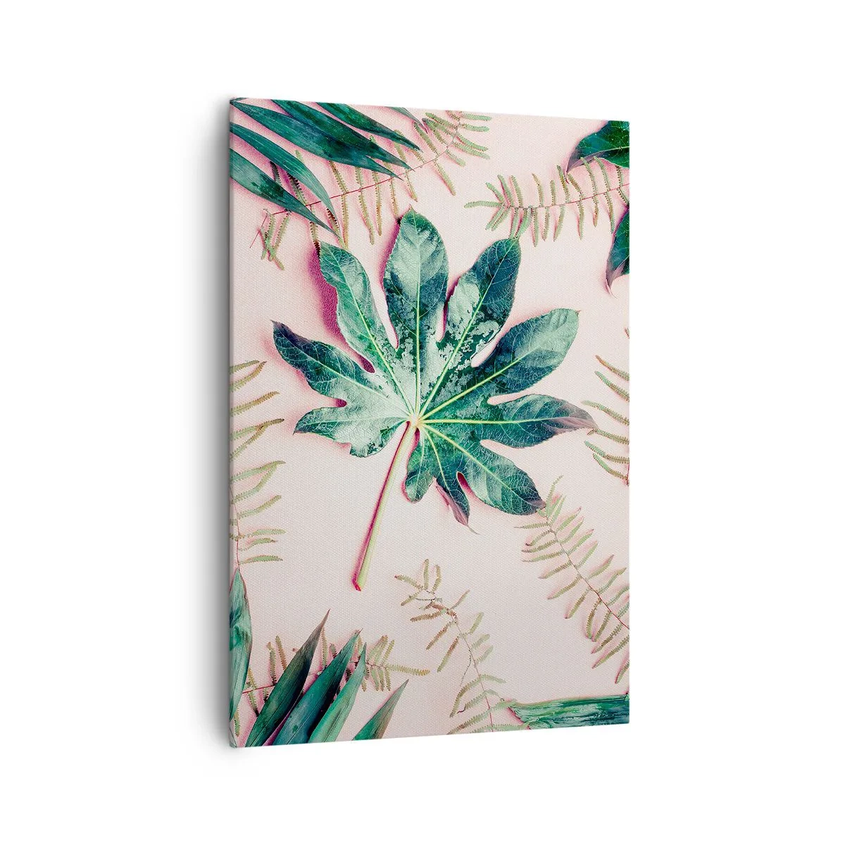 Bild auf Leinwand - Leinwandbild - Tropische Blätter auf hellem Pastellhintergrund - 70x100cm - Eine Studie von Grün auf einem rosa Hintergrund - Moderne Wanddekoration für Wohnzimmer und Schlafzimmer ARTTOR