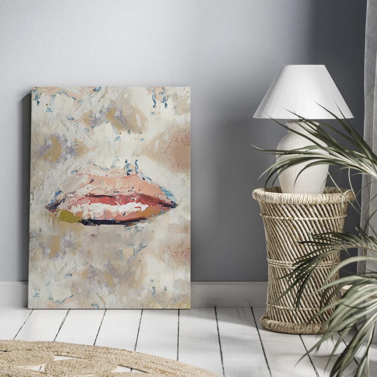 Bild auf Leinwand - Leinwandbild - Eine abstrakte Komposition, die die Lippen einer Frau in Pastellfarben darstellt. - 50x70cm - Es weckt die Sinne - Moderne Wanddekoration für Wohnzimmer und Schlafzimmer ARTTOR
