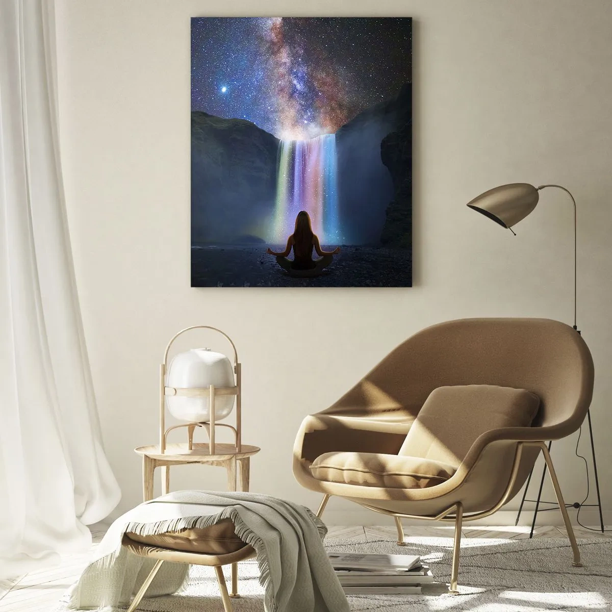Glasbild - Bild auf glas - Meditation vor einem Wasserfall inmitten der Sterne - 70x100cm - Absolute Harmonie - Moderne Wanddekoration für Wohnzimmer und Schlafzimmer ARTTOR