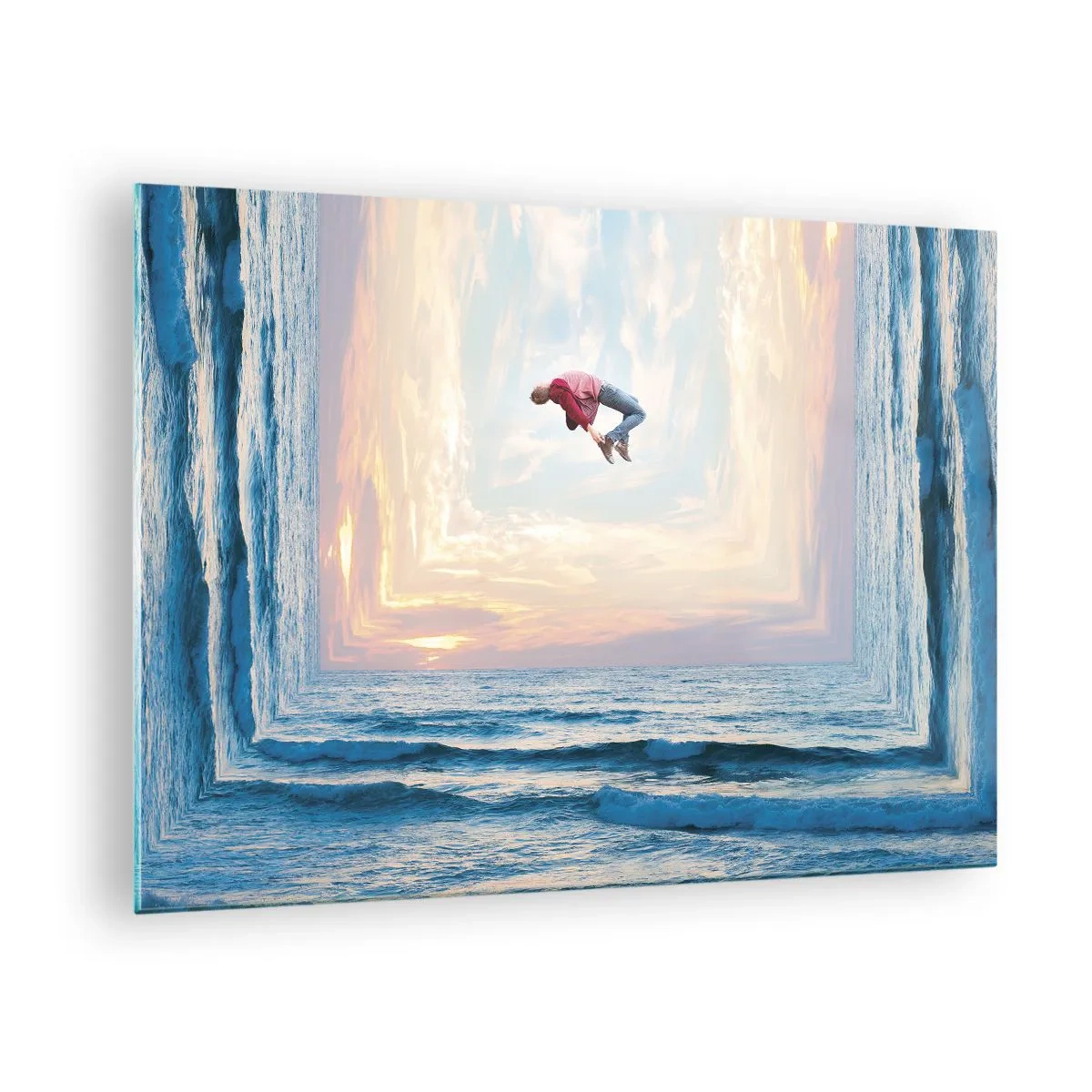 Glasbild - Bild auf glas - Ein Mann springt über das Meer in einem surrealistischen Rahmen - 70x50cm - In eine andere Dimension - Moderne Wanddekoration für Wohnzimmer und Schlafzimmer ARTTOR