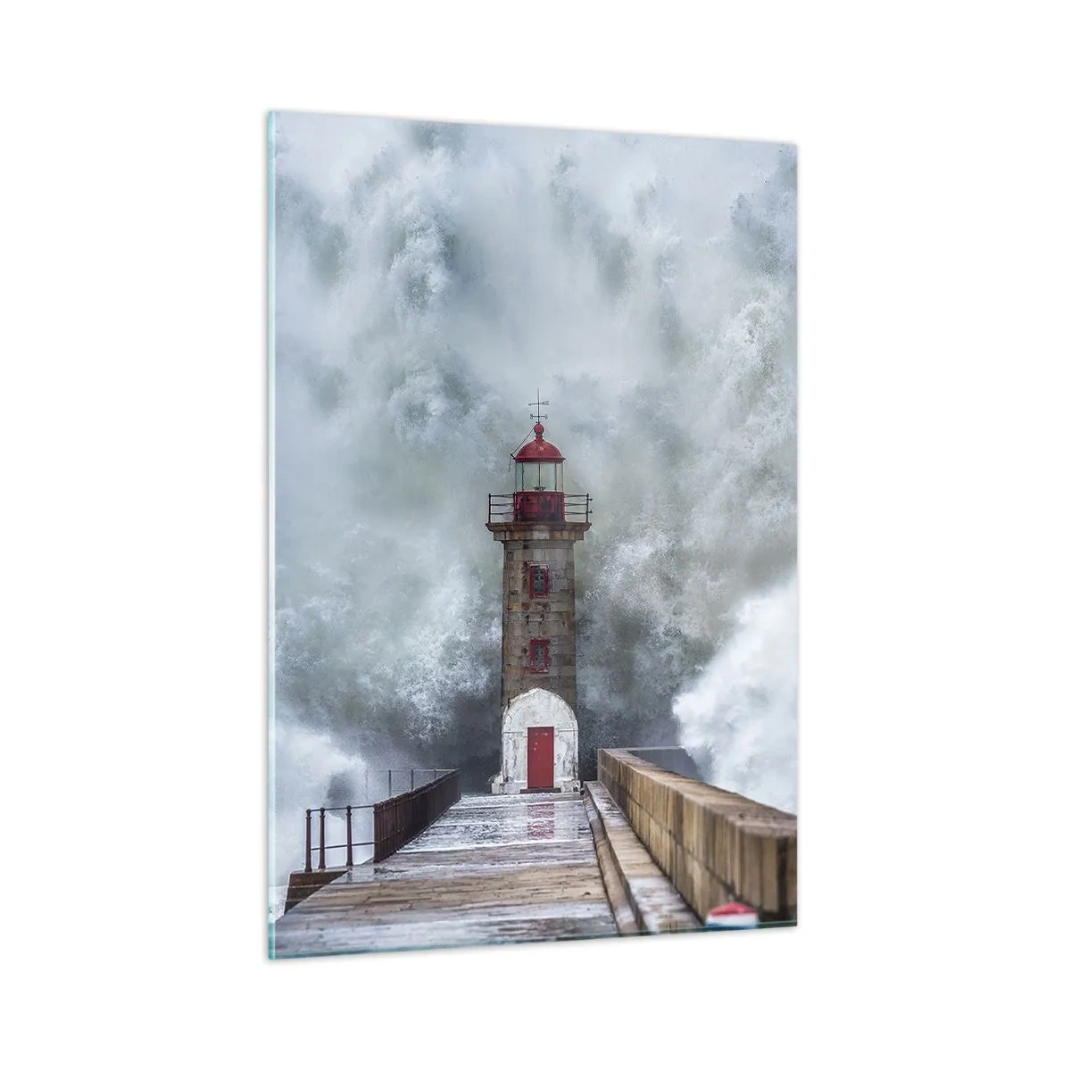 Glasbild - Bild auf glas - Ein Leuchtturm wird von einer starken Welle getroffen. - 50x70cm - Das Rauschen des Wassers, der Lärm wird wehen - Moderne Wanddekoration für Wohnzimmer und Schlafzimmer ARTTOR