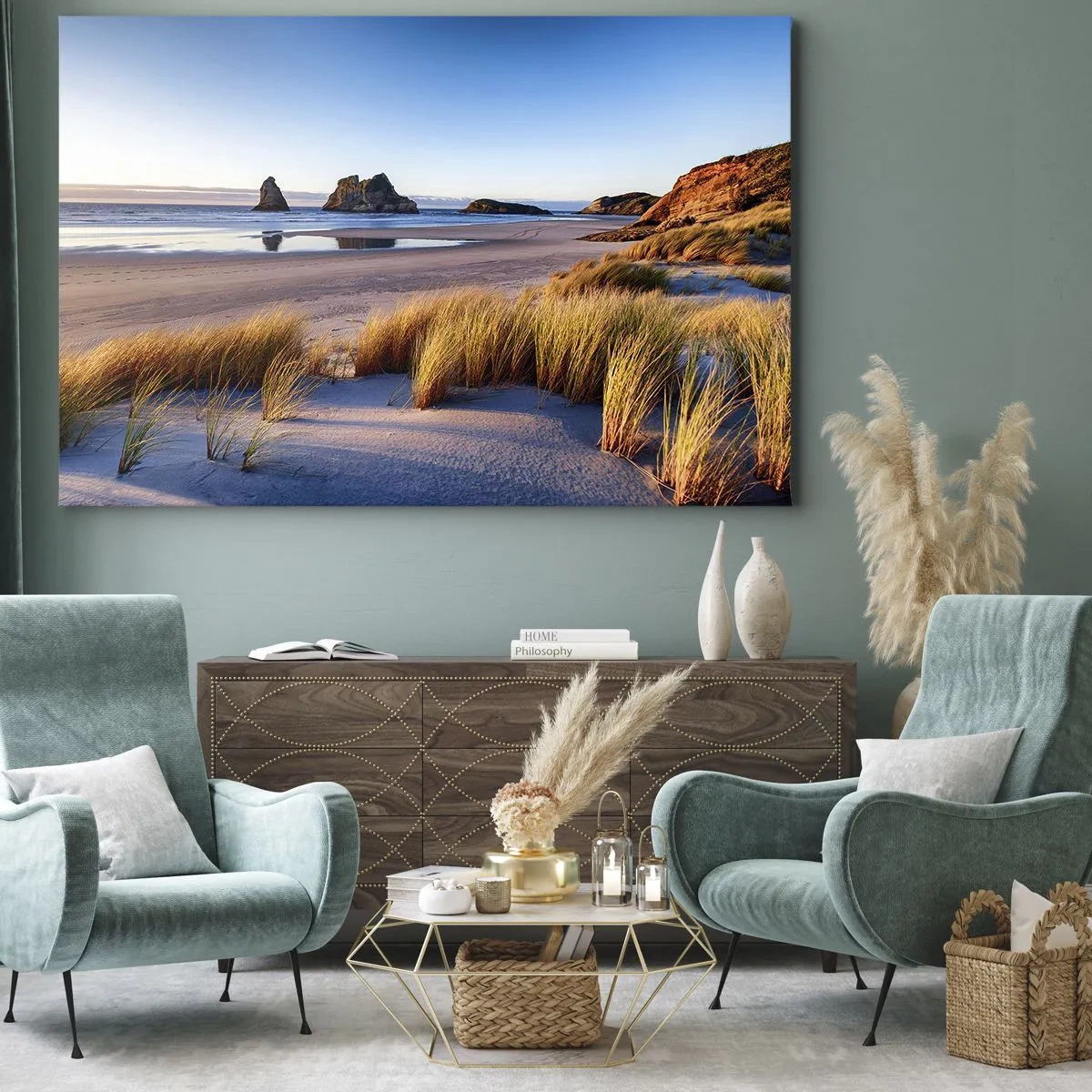 Bild auf Leinwand - Leinwandbild - Ein malerischer Strand mit Blick auf die Felsen und das Meer bei Sonnenuntergang - 120x80cm - Für Friedenssuchende - Moderne Wanddekoration für Wohnzimmer und Schlafzimmer ARTTOR