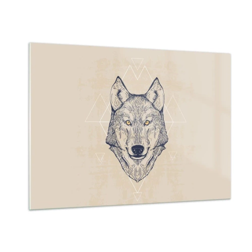 Glasbild - Bild auf glas - Wolfskopf vor einem Hintergrund aus geometrischen Mustern - 100x70cm - Ein Alpha mit durchdringendem Blick - Moderne Wanddekoration für Wohnzimmer und Schlafzimmer ARTTOR