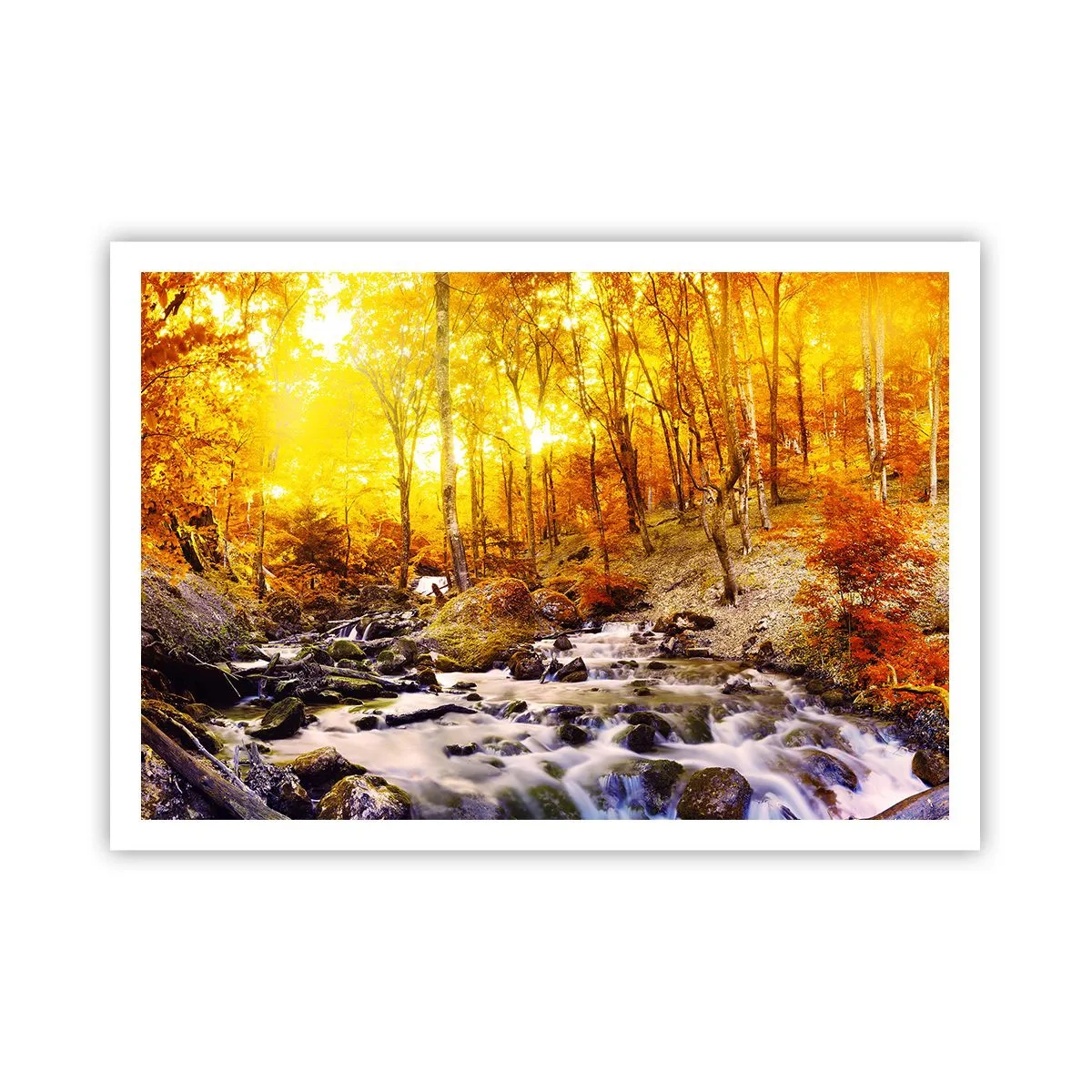 Poster - Herbstwald mit einem Bach zwischen goldenen Blättern - 100x70cm - In Gold und Platin gefasste Steine - Moderne Wanddekoration für Wohnzimmer und Schlafzimmer ARTTOR