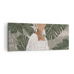 Bild auf Leinwand - Leinwandbild - Porträt einer Frau in einem weißen Kleid vor einem Hintergrund aus Monstera-Blättern - 120x50cm - Exotisches Porträt - Moderne Wanddekoration für Wohnzimmer und Schlafzimmer ARTTOR