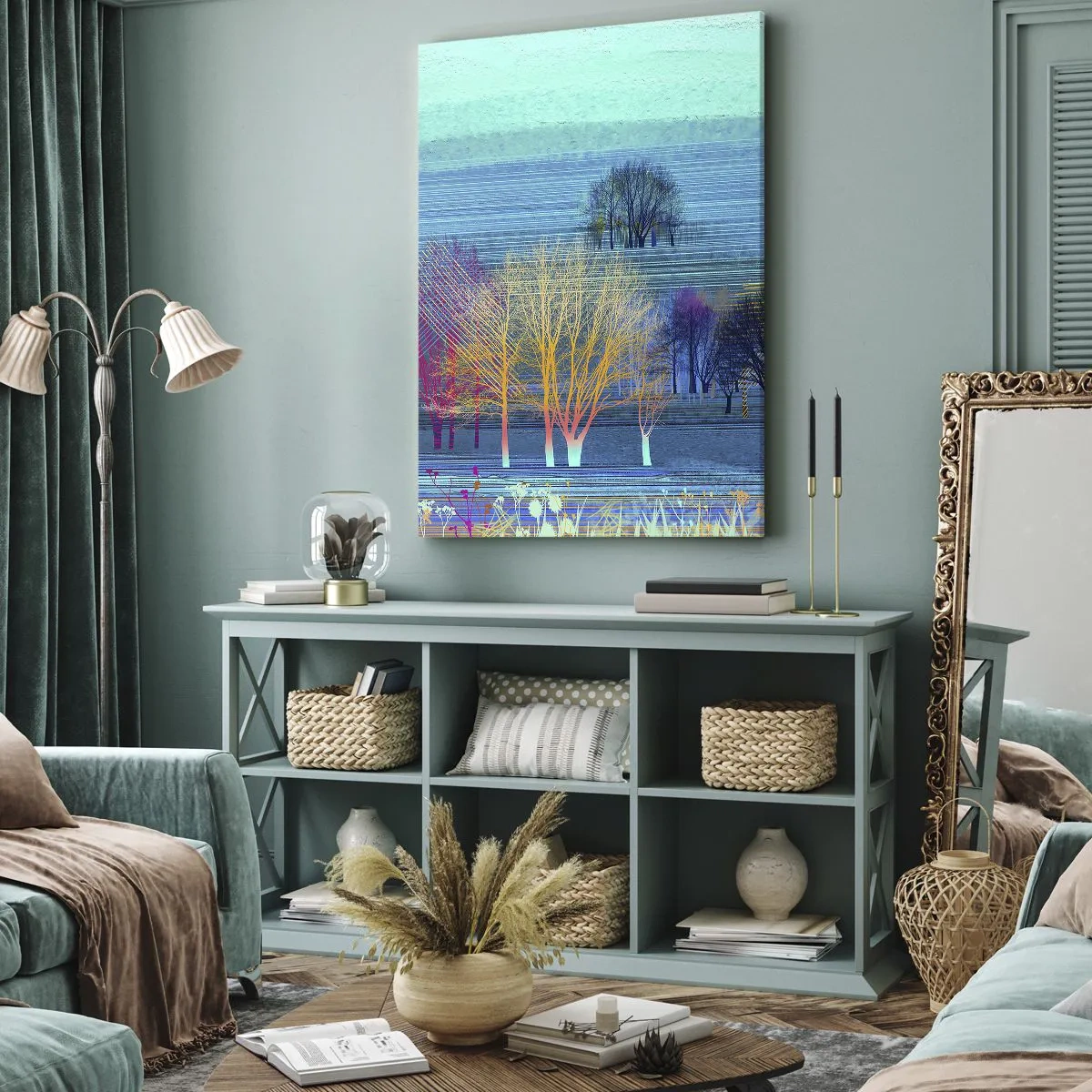 Bild auf Leinwand - Leinwandbild - Bunte Bäume vor einer blauen, minimalistischen Landschaft - 80x120cm - Eine gekämmte Landschaft - Moderne Wanddekoration für Wohnzimmer und Schlafzimmer ARTTOR