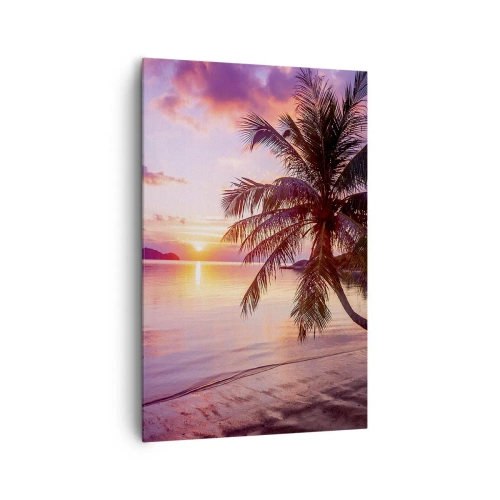 Bild auf Leinwand - Leinwandbild - Tropischer Strand mit Palmen bei Sonnenuntergang - 80x120cm - Behaglichkeit bis zum Horizont - Moderne Wanddekoration für Wohnzimmer und Schlafzimmer ARTTOR