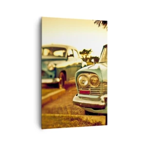Bild auf Leinwand - Leinwandbild - Oldtimer im warmen Licht des Sonnenuntergangs - 80x120cm - Wir werden abwarten und sehen - Moderne Wanddekoration für Wohnzimmer und Schlafzimmer ARTTOR
