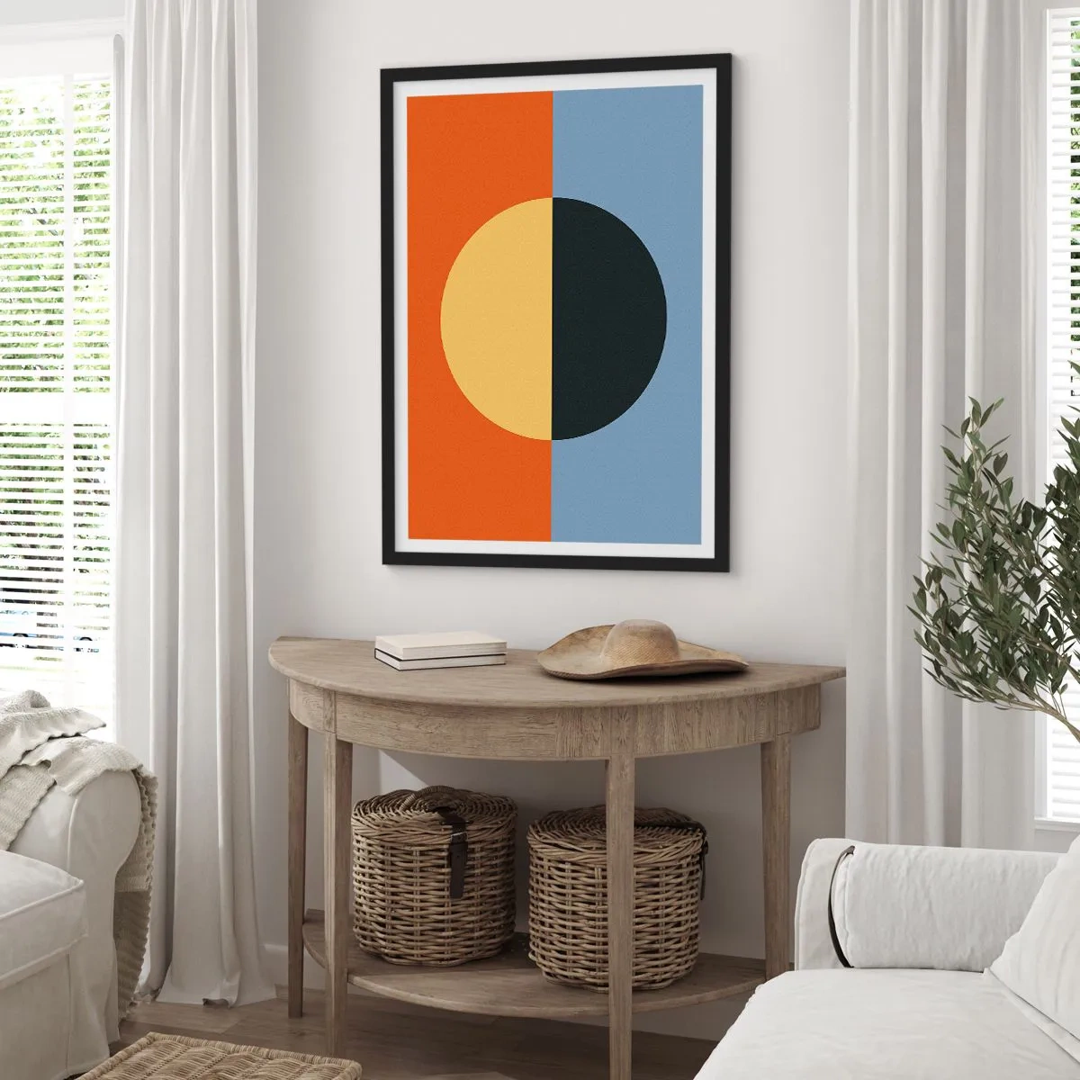 Poster in einem schwarzem Rahmen - Geometrische Komposition mit einem Kreis und kontrastierenden Farben - 50x70cm - Eine Komposition aus Wärme und Kühle - Moderne Wanddekoration für Wohnzimmer und Schlafzimmer ARTTOR