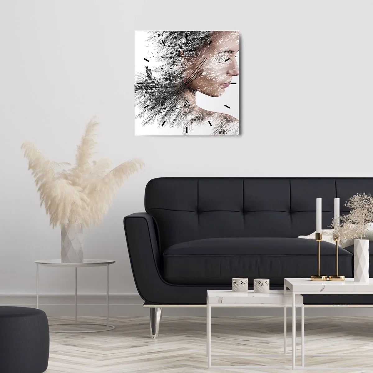 Wanduhr - Glasuhr - Silhouette einer Frau mit einem Zweig und Vogelmotiv im Hintergrund - 30x30cm - Der Geist des Waldes - Moderne Wanddekoration für Wohnzimmer und Schlafzimmer ARTTOR