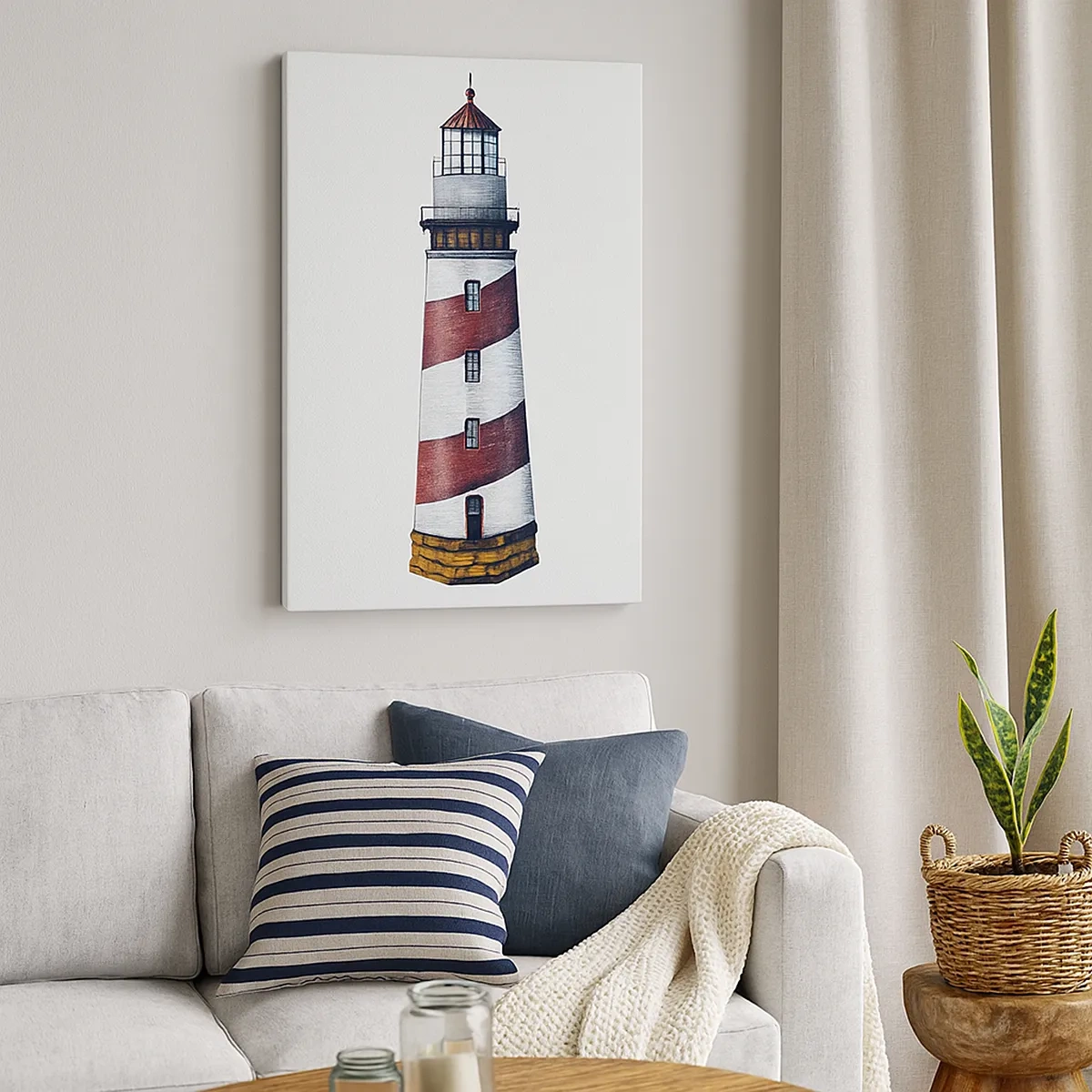 Bild auf Leinwand - Leinwandbild - Ein Cartoonbild eines Leuchtturms mit roten und weißen Streifen auf minimalistischem Hintergrund. - 50x70cm - Immer auf der Hut - Moderne Wanddekoration für Wohnzimmer und Schlafzimmer ARTTOR