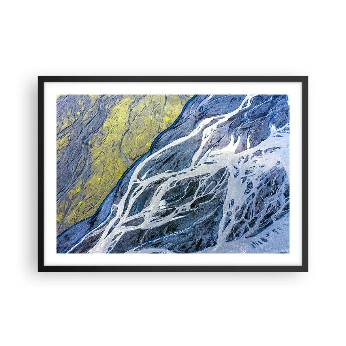 Poster in einem schwarzem Rahmen - Abstrakte Vogelperspektive auf mäandernde Flussbetten - 70x50cm - Felsmalereien der Natur - Moderne Wanddekoration für Wohnzimmer und Schlafzimmer ARTTOR