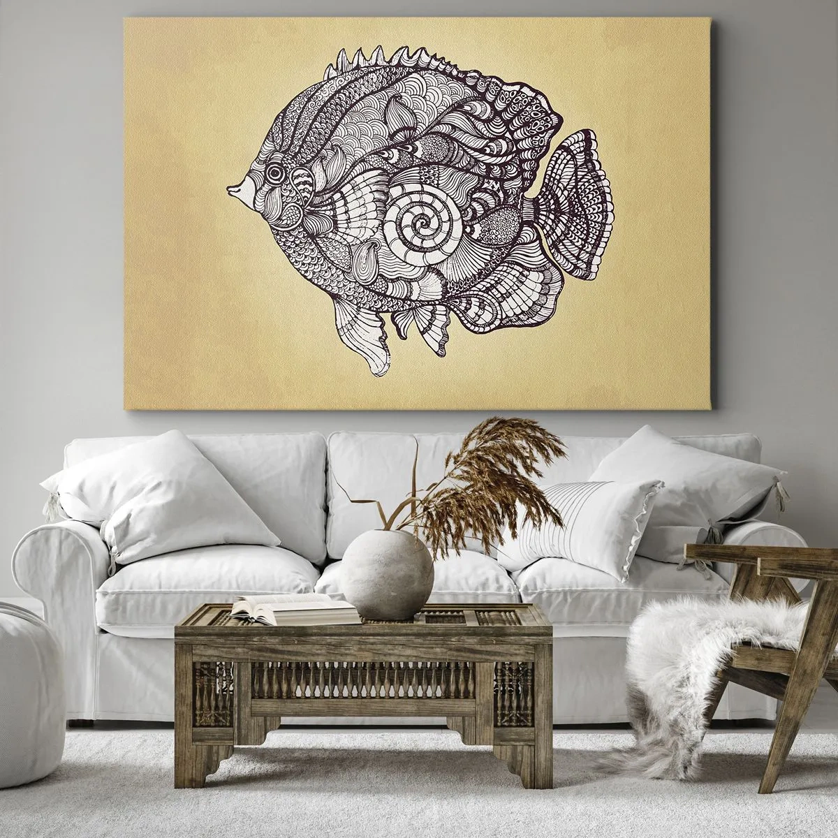 Bild auf Leinwand - Leinwandbild - Dekorativer Fisch im Zeichenstil mit Mustern - 70x50cm - Aus dem Ozean der Ornamente - Moderne Wanddekoration für Wohnzimmer und Schlafzimmer ARTTOR