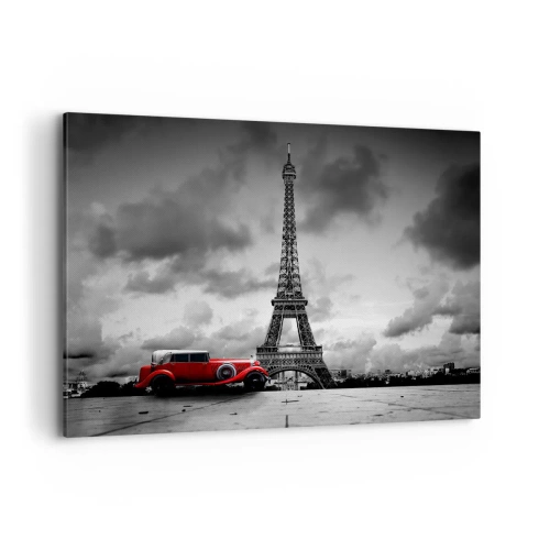 Bild auf Leinwand - Leinwandbild - Rotes Retro-Auto vor dem Eiffelturm in Schwarz und Weiß - 120x80cm - Vor nicht allzu langer Zeit in Paris - Moderne Wanddekoration für Wohnzimmer und Schlafzimmer ARTTOR