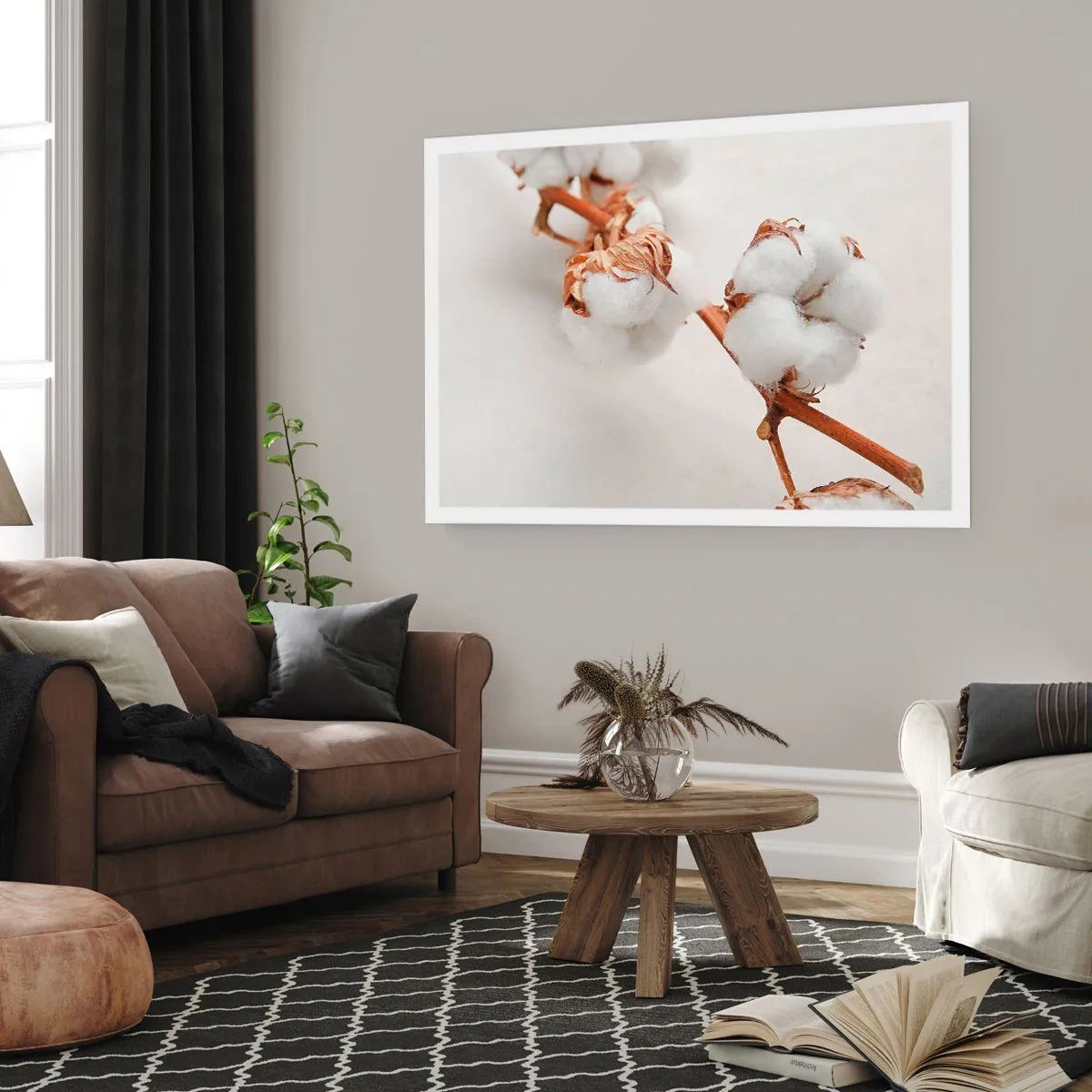 Poster - Ein Zweig Baumwolle auf dezentem Untergrund - 100x70cm - Nur umarmen - Moderne Wanddekoration für Wohnzimmer und Schlafzimmer ARTTOR