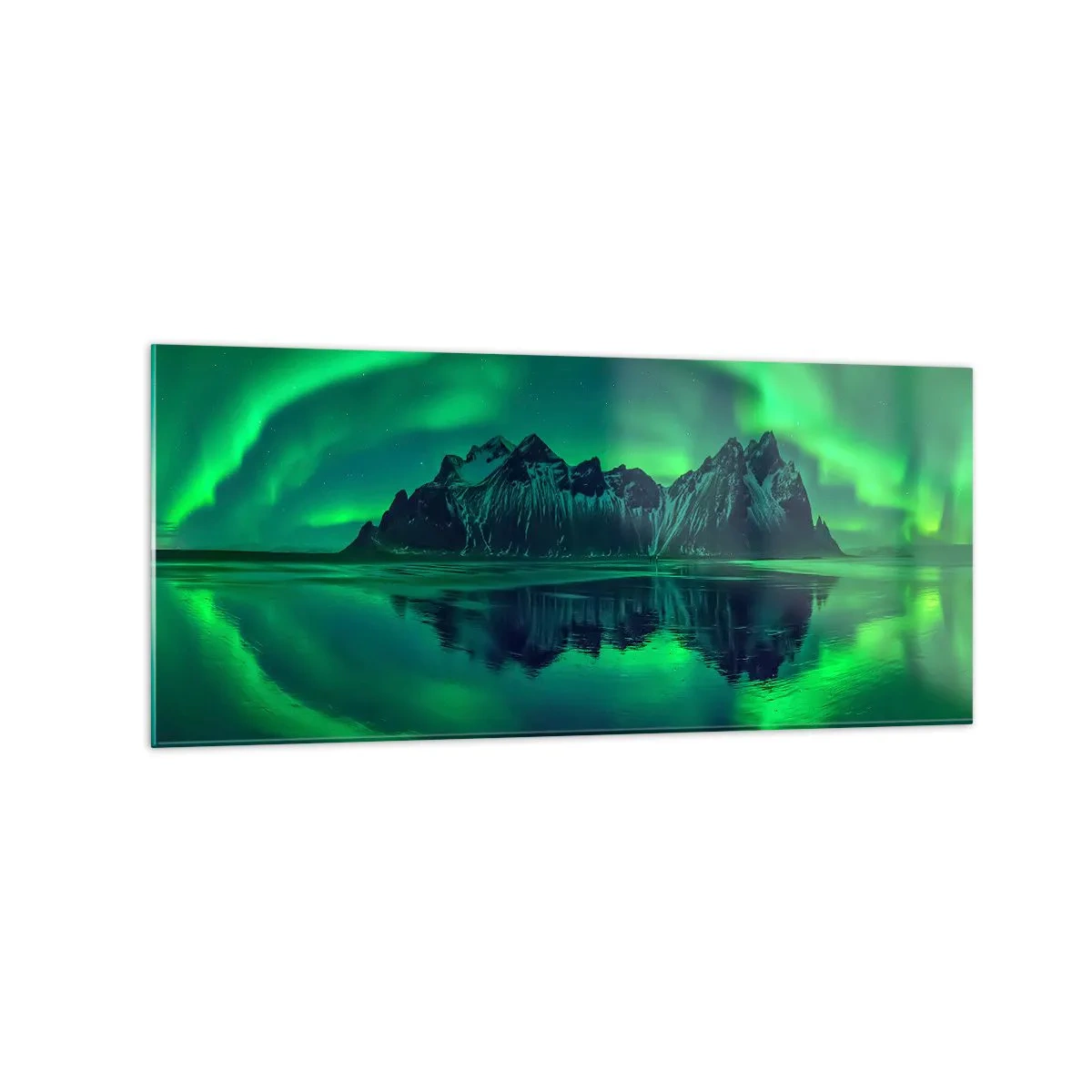 Glasbild - Bild auf glas - Berge, umgeben von Polarlichtern, die sich im Wasser spiegeln - 120x50cm - In den Armen der Aurora - Moderne Wanddekoration für Wohnzimmer und Schlafzimmer ARTTOR