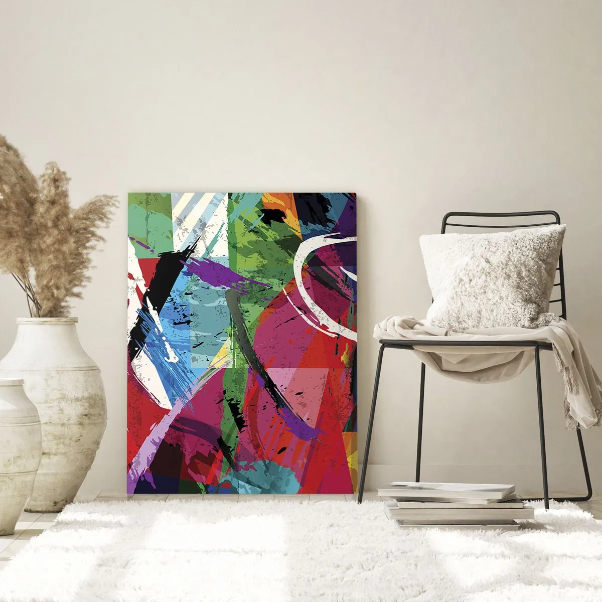 Glasbild - Bild auf glas - Farbenfrohe Abstraktion mit dynamischen Pinselstrichen - 70x100cm - Schnell, spritzig und springt - Moderne Wanddekoration für Wohnzimmer und Schlafzimmer ARTTOR