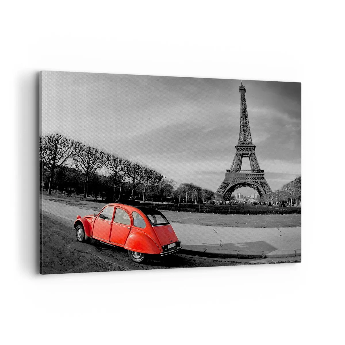 Bild auf Leinwand - Leinwandbild - Ein rotes Auto mit dem Eiffelturm im Hintergrund in einer schwarz-weißen Landschaft - 100x70cm - Pariser als Paris selbst - Moderne Wanddekoration für Wohnzimmer und Schlafzimmer ARTTOR