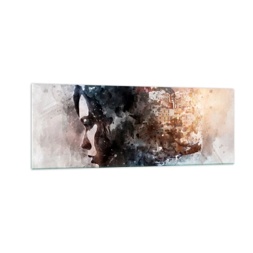 Glasbild - Bild auf glas - Porträt einer Frau, die ihr Gesicht mit einer Stadtlandschaft im Hintergrund kombiniert - 140x50cm - Eine Geschichte über ein Mädchen mit einer Stadt im Hintergrund - Moderne Wanddekoration für Wohnzimmer und Schlafzimmer ARTTOR