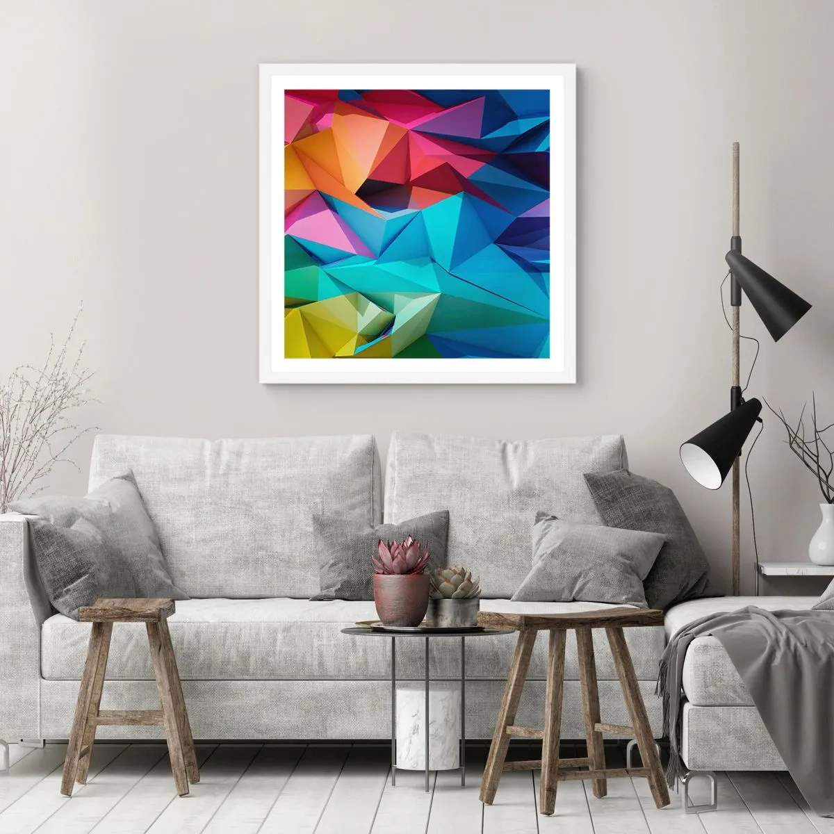 Poster in einem weißen Rahmen - Regenbogen-Origami - 40x40 cm