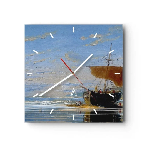 Wanduhr - Glasuhr - Ein Schiff an der Küste an einem sonnigen Tag - 30x30cm - Wasser, Land, Luft - Moderne Wanddekoration für Wohnzimmer und Schlafzimmer ARTTOR