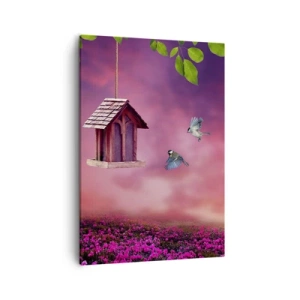 Bild auf Leinwand - Leinwandbild - Eine malerische Landschaft mit einem Vogelhaus und einem Sonnenuntergang - 50x70cm - Einladung zum Abendessen - Moderne Wanddekoration für Wohnzimmer und Schlafzimmer ARTTOR