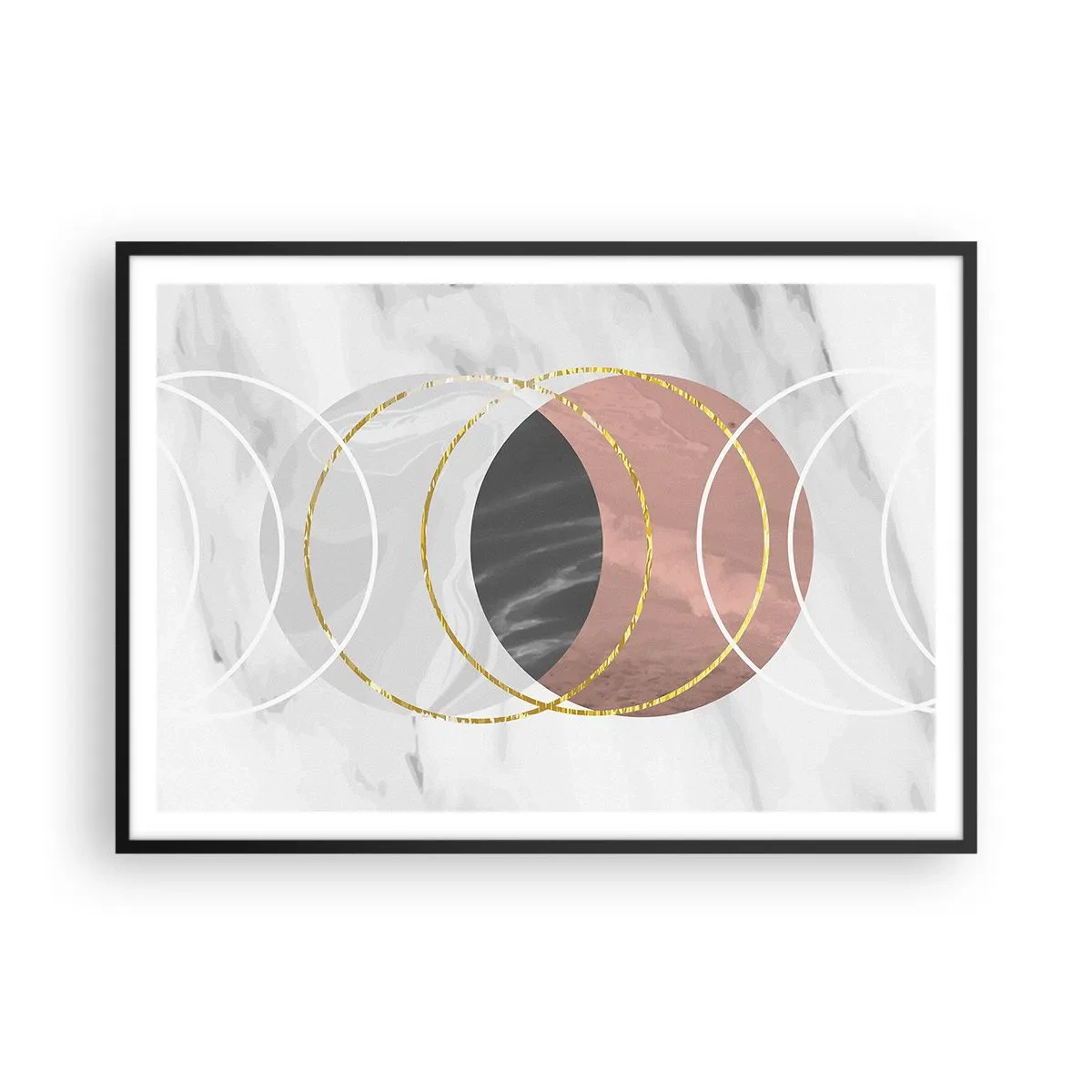 Poster in einem schwarzem Rahmen - Abstrakte geometrische Komposition mit Kreisen und metallischen Details - 100x70cm - Musik der Sphären - Moderne Wanddekoration für Wohnzimmer und Schlafzimmer ARTTOR