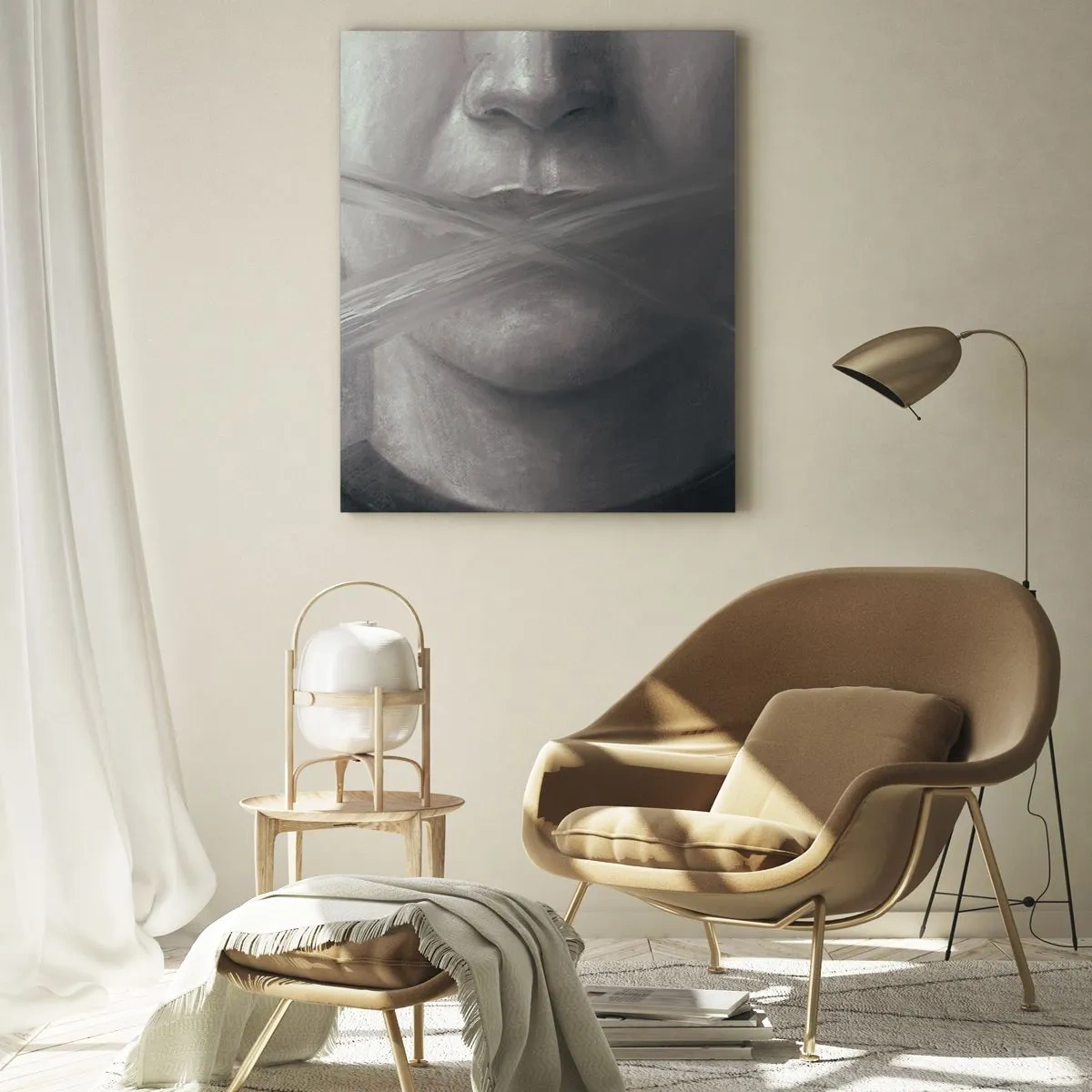 Glasbild - Bild auf glas - Porträt einer Person mit verschmierten Lippen in Grautönen - 50x70cm - Ohne ein Wort - Moderne Wanddekoration für Wohnzimmer und Schlafzimmer ARTTOR