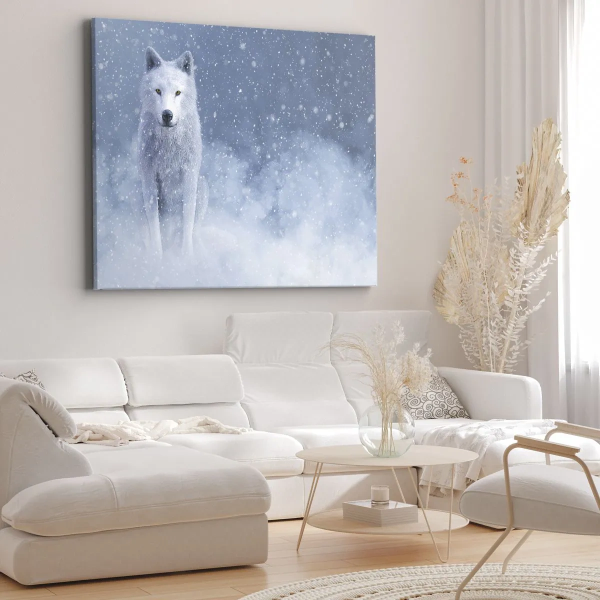 Bild auf Leinwand - Leinwandbild - Weißer Wolf in einer verschneiten Landschaft - 120x80cm - In Winterstimmung - Moderne Wanddekoration für Wohnzimmer und Schlafzimmer ARTTOR