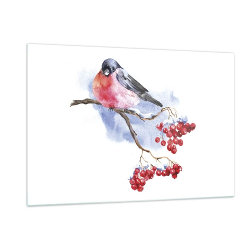 Glasbild - Bild auf glas - Ein Vogel auf einem Ebereschenzweig - 120x80cm - Winter in Farbe - Moderne Wanddekoration für Wohnzimmer und Schlafzimmer ARTTOR