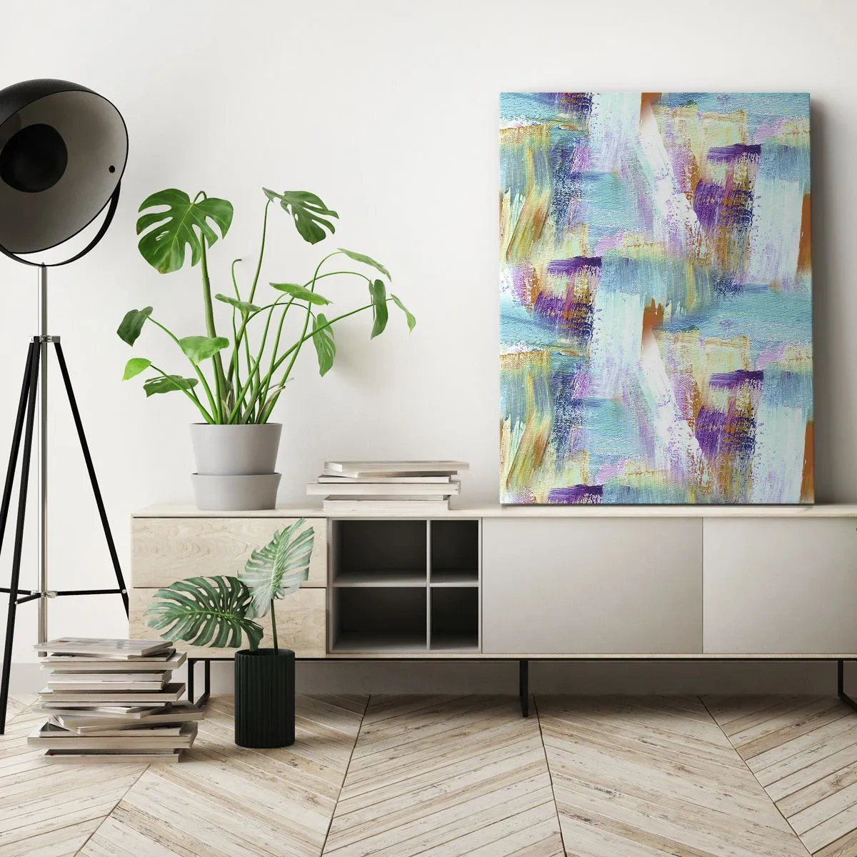 Bild auf Leinwand - Leinwandbild - Farbenfrohe Abstraktion mit dynamischen Pinselstrichen - 50x70cm - Fröhlicher Labyrinth-Liner - Moderne Wanddekoration für Wohnzimmer und Schlafzimmer ARTTOR