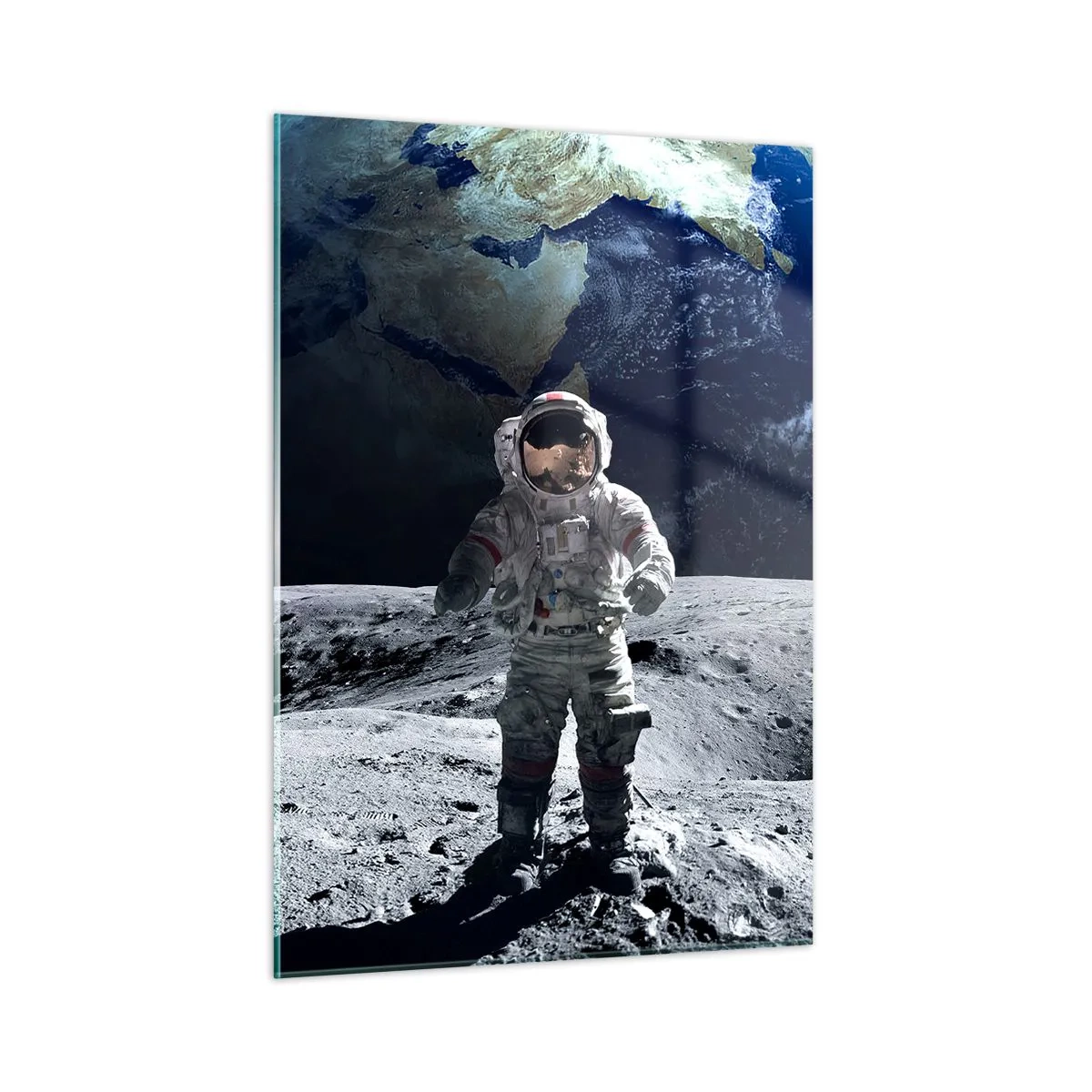 Glasbild - Bild auf glas - Astronaut auf der Mondoberfläche mit der Erde im Hintergrund - 50x70cm - Grüße vom Mond - Moderne Wanddekoration für Wohnzimmer und Schlafzimmer ARTTOR