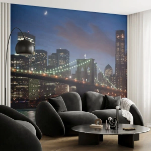 Fototapete Standard Eco - Leuchtende Nacht - Stadt, New York, Brooklyn Brücke - 200x140 cm