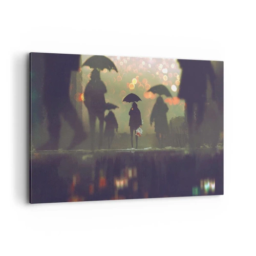 Bild auf Leinwand - Leinwandbild - Eine Figur mit einem Regenschirm an einem regnerischen Abend zwischen den Lichtern der Stadt - 120x80cm - Aus der Perspektive eines Regentropfens - Moderne Wanddekoration für Wohnzimmer und Schlafzimmer ARTTOR