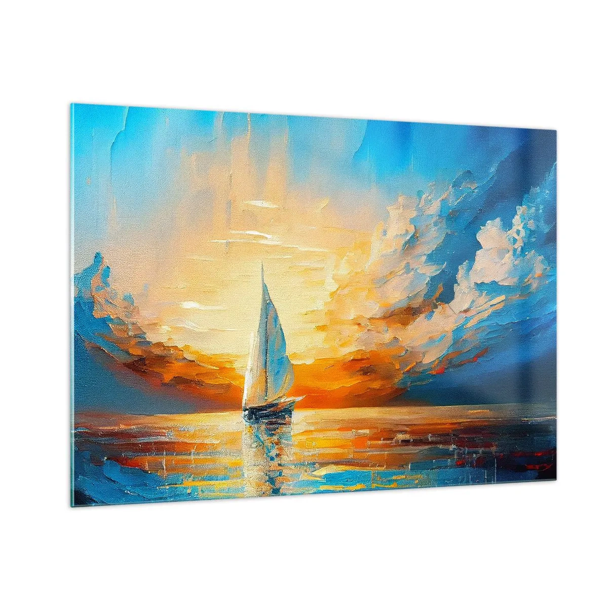 Glasbild - Bild auf glas - Ein Segelboot auf See im Licht der untergehenden Sonne - 100x70cm - In Gold segeln - Moderne Wanddekoration für Wohnzimmer und Schlafzimmer ARTTOR