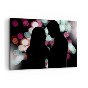 Bild auf Leinwand - Leinwandbild - Silhouetten eines Paares vor dem Hintergrund bunter Bokeh-Lichter - 120x80cm - Jawohl! - Moderne Wanddekoration für Wohnzimmer und Schlafzimmer ARTTOR