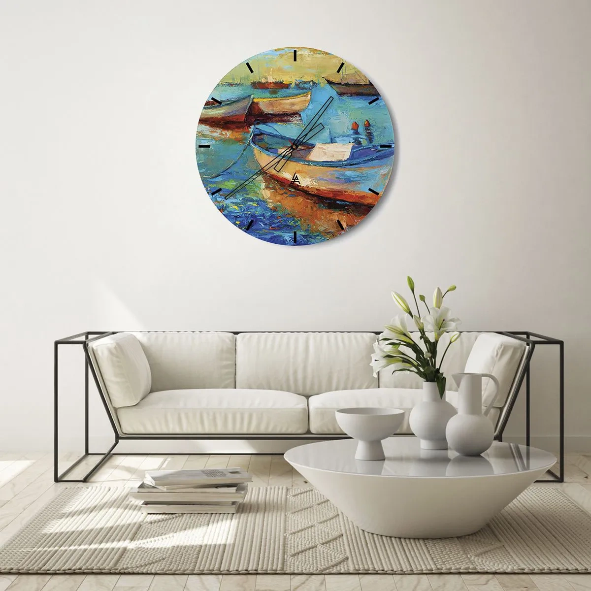 Wanduhr - Glasuhr - Bunte Boote auf ruhigem Wasser - 30x30cm - In der südlichen Bucht - Moderne Wanddekoration für Wohnzimmer, Küche und Schlafzimmer ARTTOR