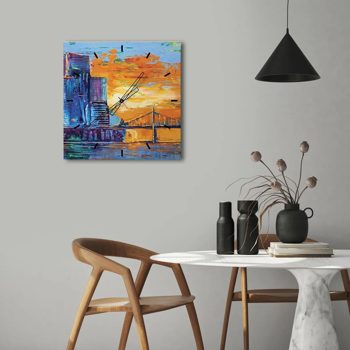 Wanduhr - Glasuhr - Eine farbenfrohe Stadt mit einer Brücke in der untergehenden Sonne - 30x30cm - Kultur und Natur - Moderne Wanddekoration für Wohnzimmer und Schlafzimmer ARTTOR