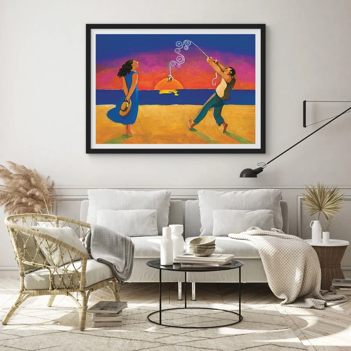 Poster in einem schwarzem Rahmen - Figuren am Meer bei Sonnenuntergang - 100x70cm - Mehr als ein Sternchen vom Himmel - Moderne Wanddekoration für Wohnzimmer und Schlafzimmer ARTTOR