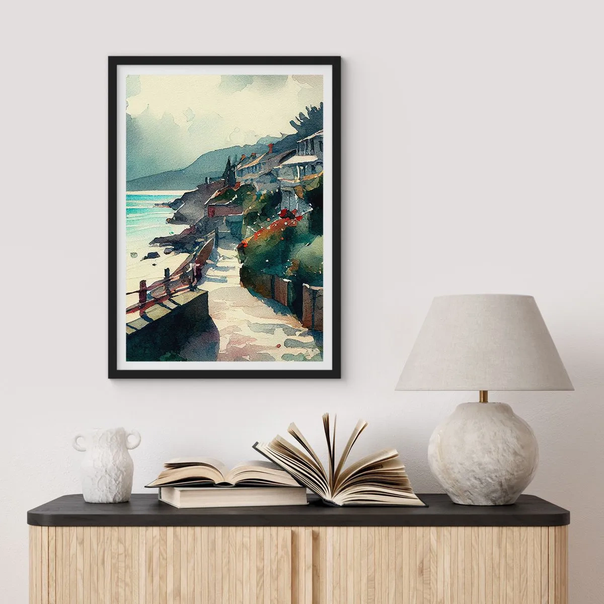 Poster in einem schwarzem Rahmen - Ein malerischer Küstenweg im Aquarellstil - 50x70cm - Mittelmeerstadt - Moderne Wanddekoration für Wohnzimmer und Schlafzimmer ARTTOR