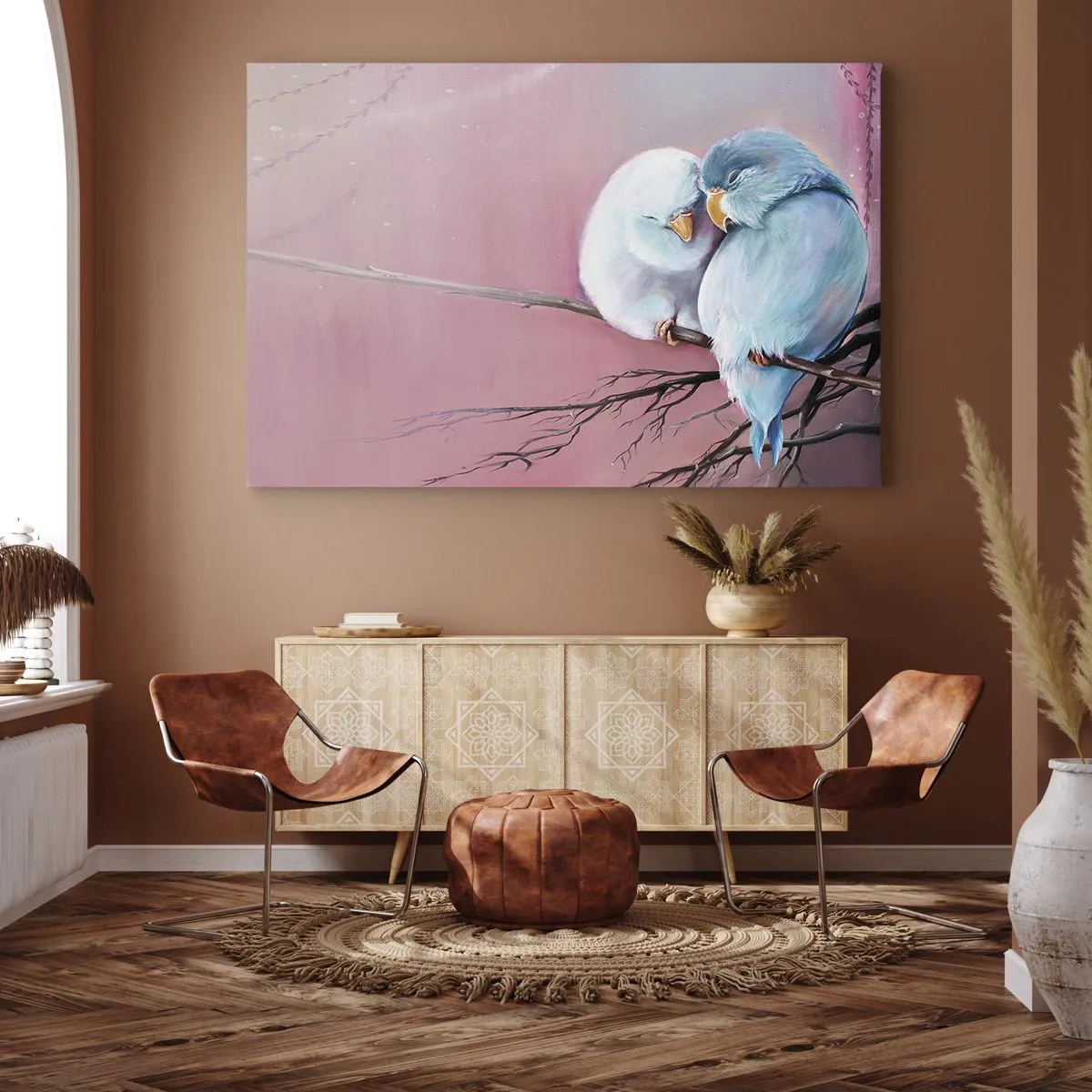 Bild auf Leinwand - Leinwandbild - Zwei verliebte Vögel auf einem Ast auf rosa Hintergrund - 70x50cm - Was kann ich hier hinzufügen? ... - Moderne Wanddekoration für Wohnzimmer und Schlafzimmer ARTTOR