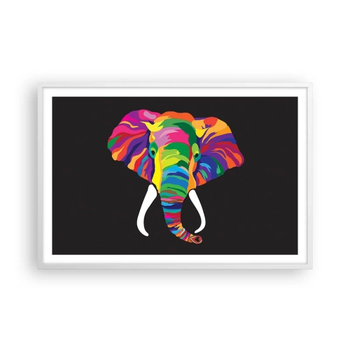 Poster in einem weißen Rahmen - Der Elefant, der es liebte, im Regenbogen zu baden - 91x61 cm