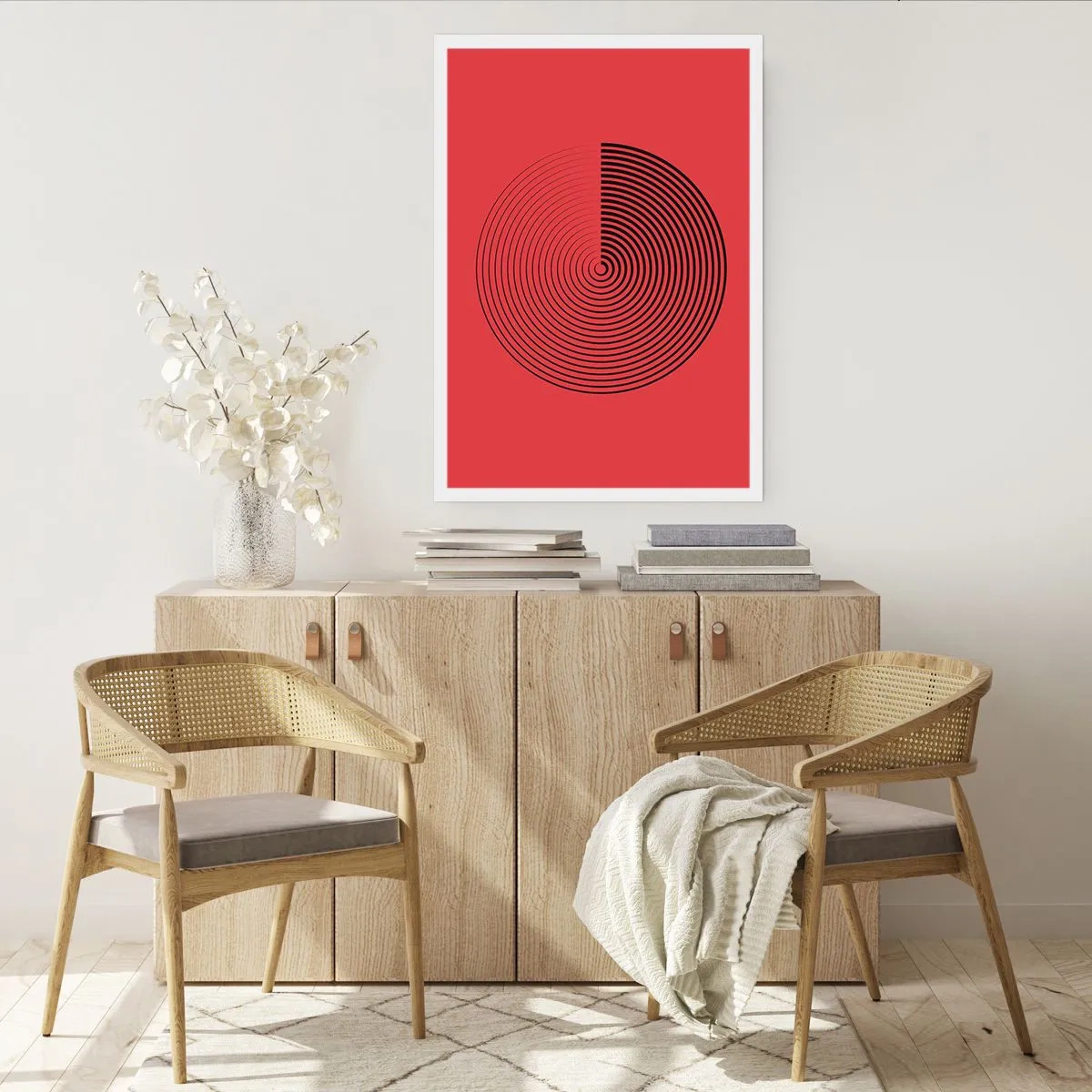 Poster - Geometrische Spirale auf rotem Hintergrund im minimalistischen Stil - 50x70cm - Kreisbewegung - Moderne Wanddekoration für Wohnzimmer und Schlafzimmer ARTTOR