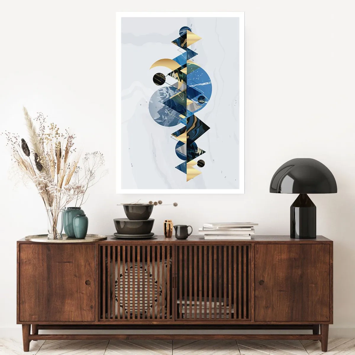 Poster - Geometrische Abstraktion mit goldenen und marineblauen Elementen - 50x70cm - Geometrische Landschaft - Moderne Wanddekoration für Wohnzimmer und Schlafzimmer ARTTOR