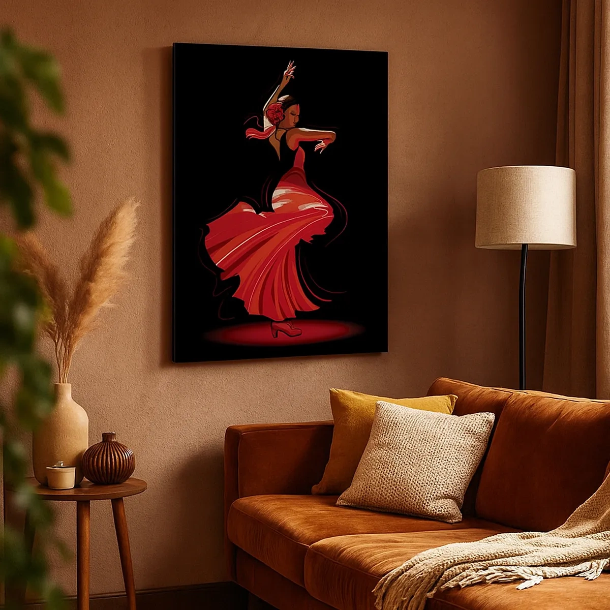 Bild auf Leinwand - Leinwandbild - Flamenco-Tänzerin in einem roten Kleid vor schwarzem Hintergrund - 50x70cm - Der feurige Geist des Flamenco - Moderne Wanddekoration für Wohnzimmer und Schlafzimmer ARTTOR
