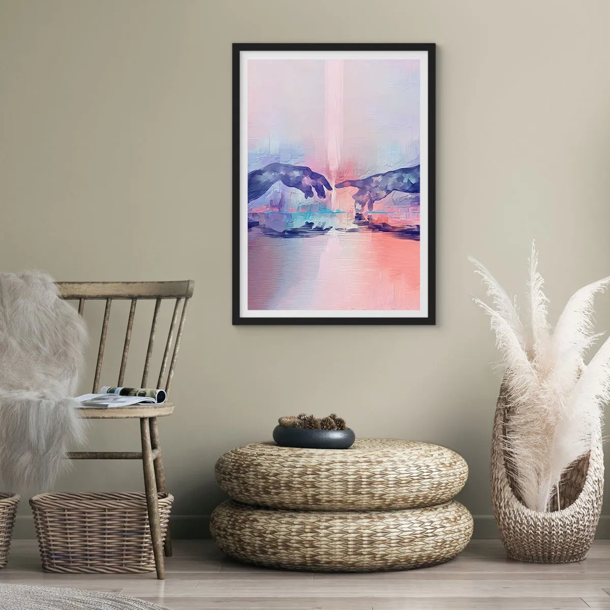 Poster in einem schwarzem Rahmen - Abstrakte Hände in Pastellfarben - 50x70cm - Göttlicher Funke des Lebens - Moderne Wanddekoration für Wohnzimmer und Schlafzimmer ARTTOR