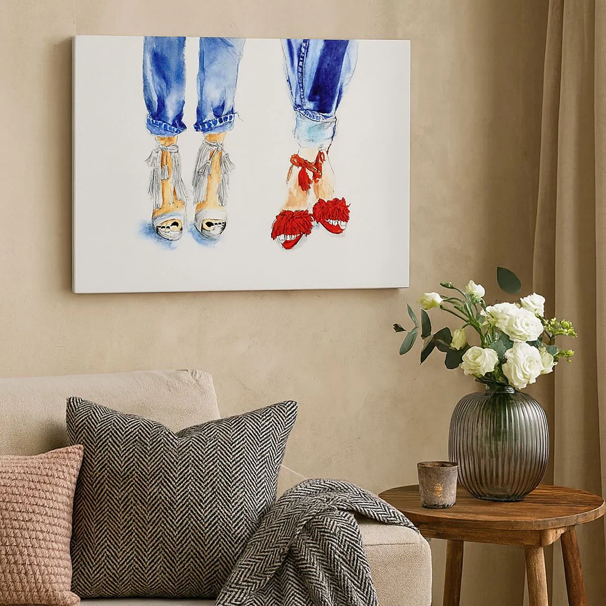 Bild auf Leinwand - Leinwandbild - Abbildung von zwei Paar Schuhen in stylischen Sandalen und Jeans - 70x50cm - Vielleicht gehen wir spazieren? - Moderne Wanddekoration für Wohnzimmer und Schlafzimmer ARTTOR